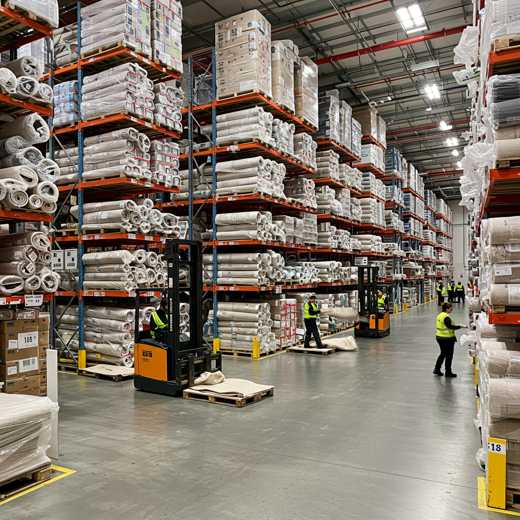 Interior view of Tufan Rugs Dallas wearhouse displaying various rug styles